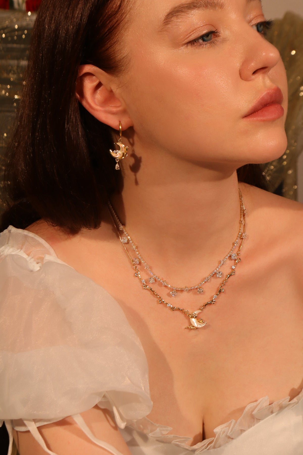 18K Real Gold Plated White Rose Moon Earrings