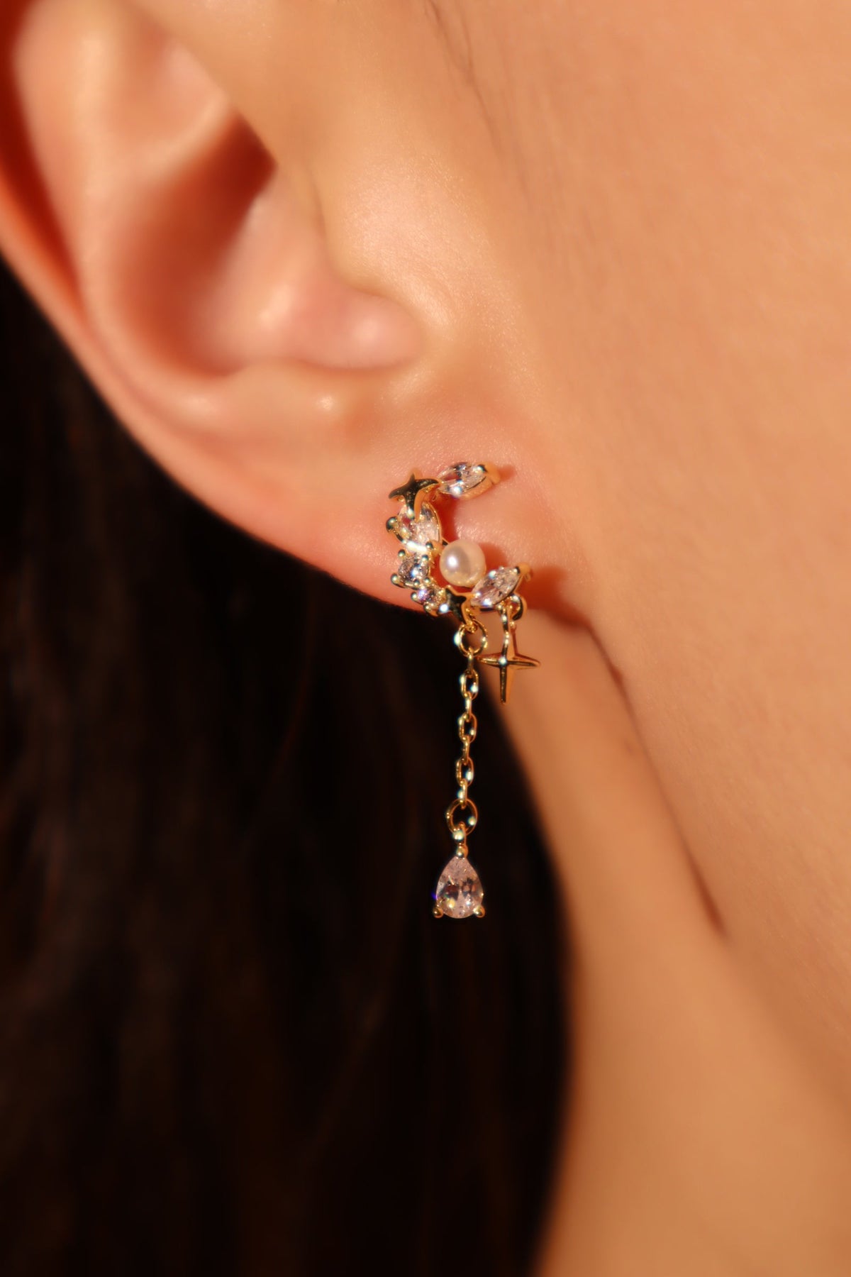 14K Real Gold Plated Diamond Pearl Moon Star Earrings