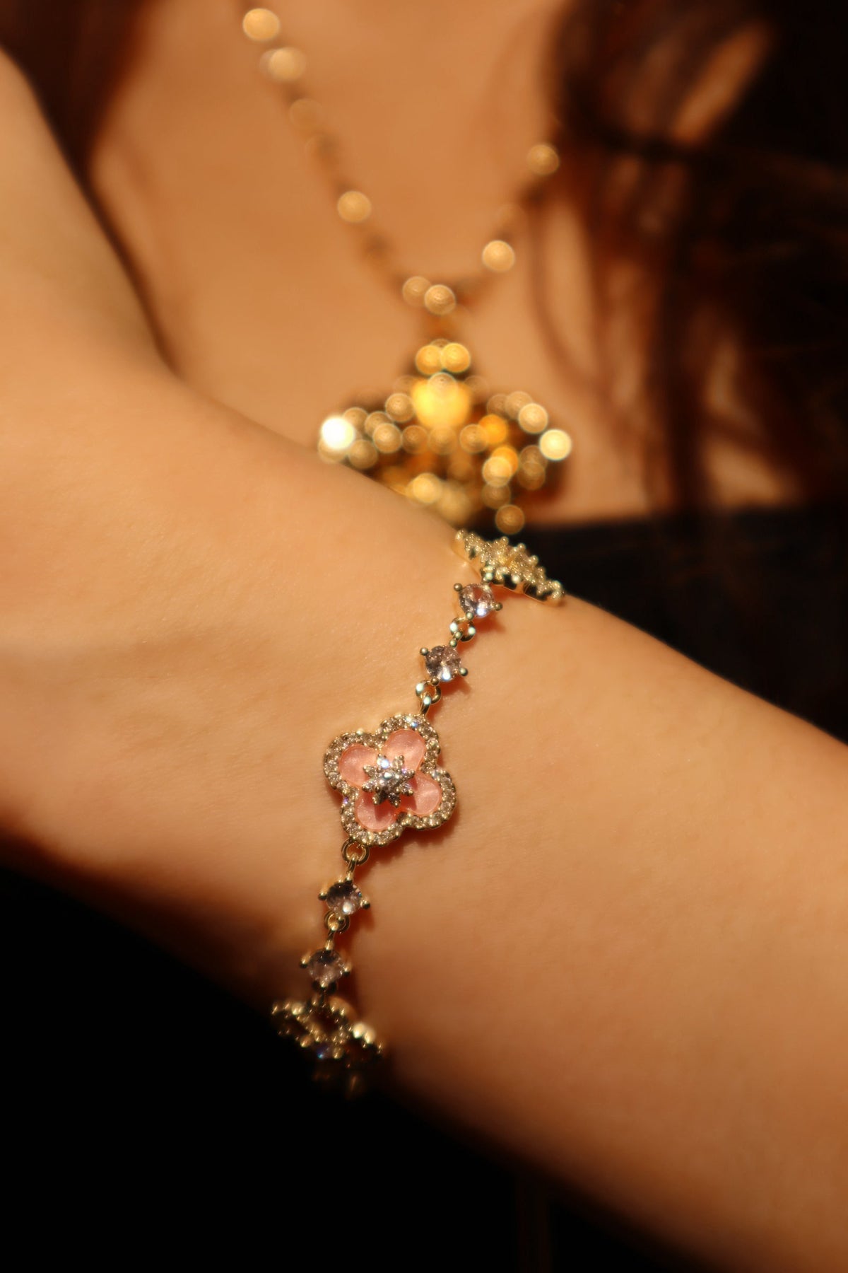14K Real Gold Plated Pink Lucky Leaf Bracelet