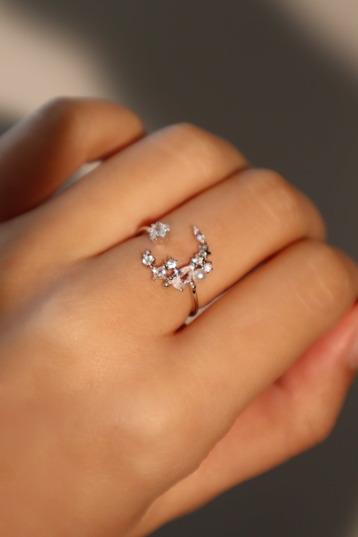 925 Sterling Silver Moon Star Ring