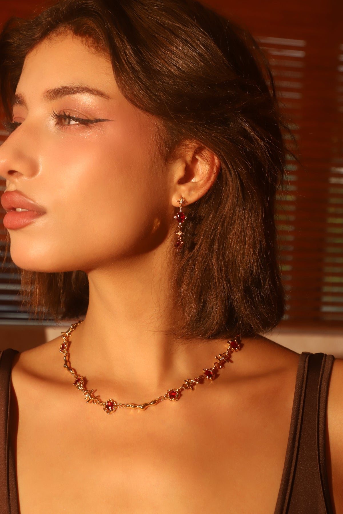 14K Real Gold Plated Red Gem Pole Star Earrings