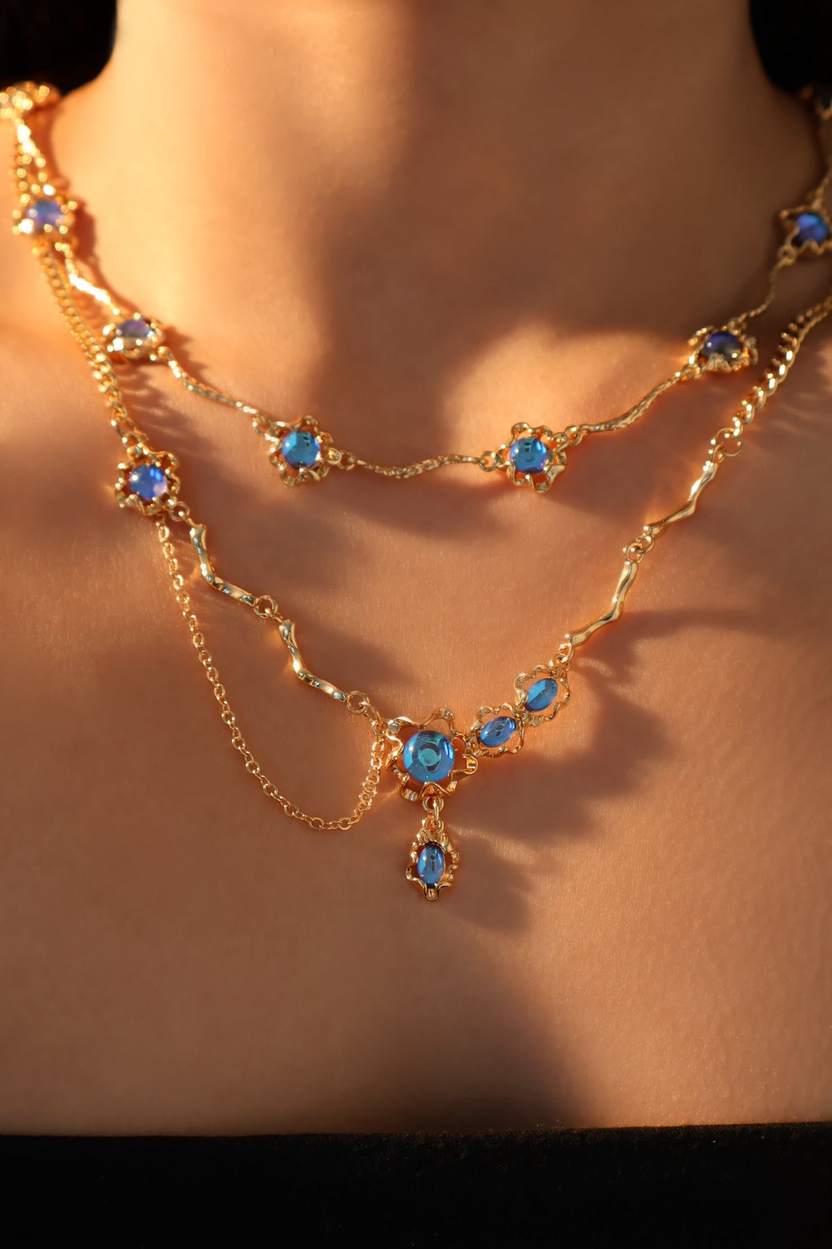 18K Real Gold Plated Deep Blue Moonstone Dangle Necklace