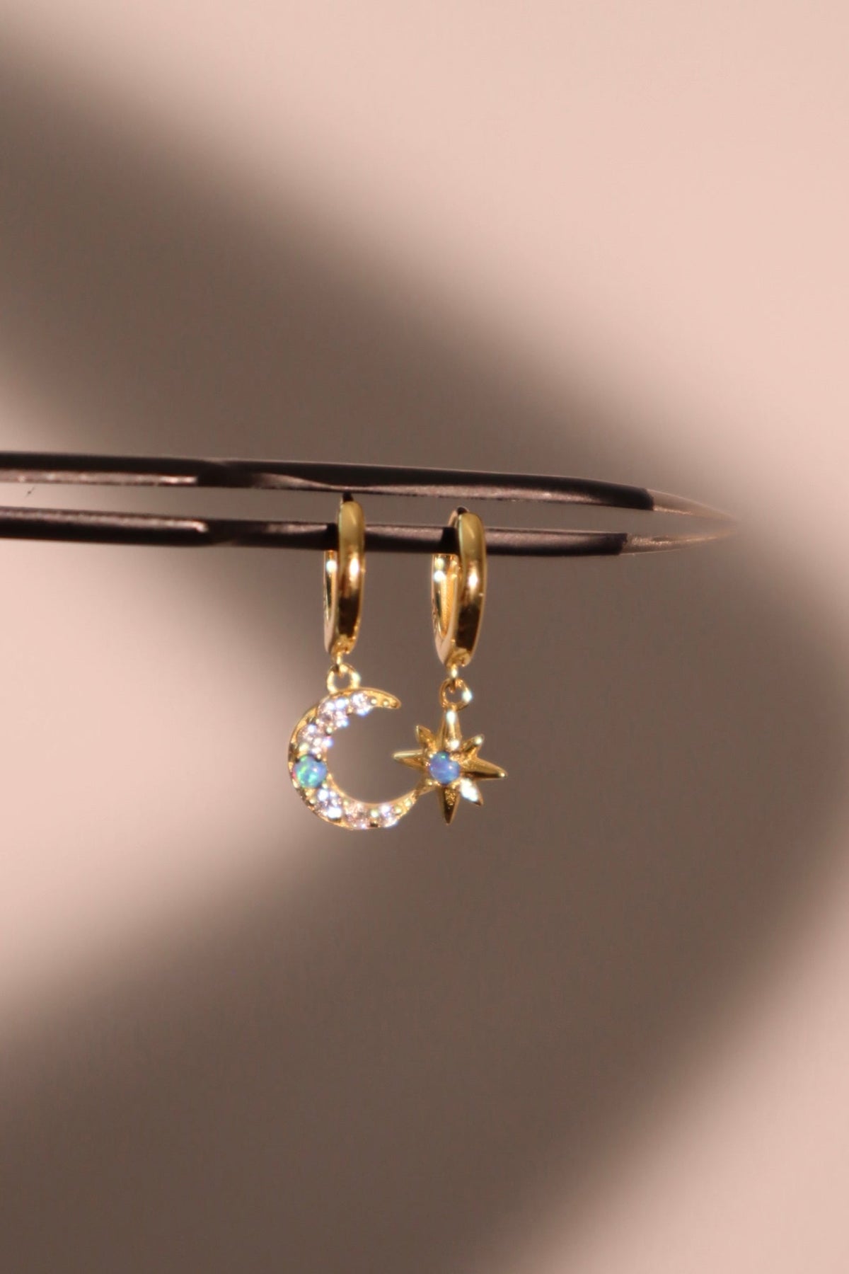 18K Gold Vermeil Moon Star Blue Opal Earrings