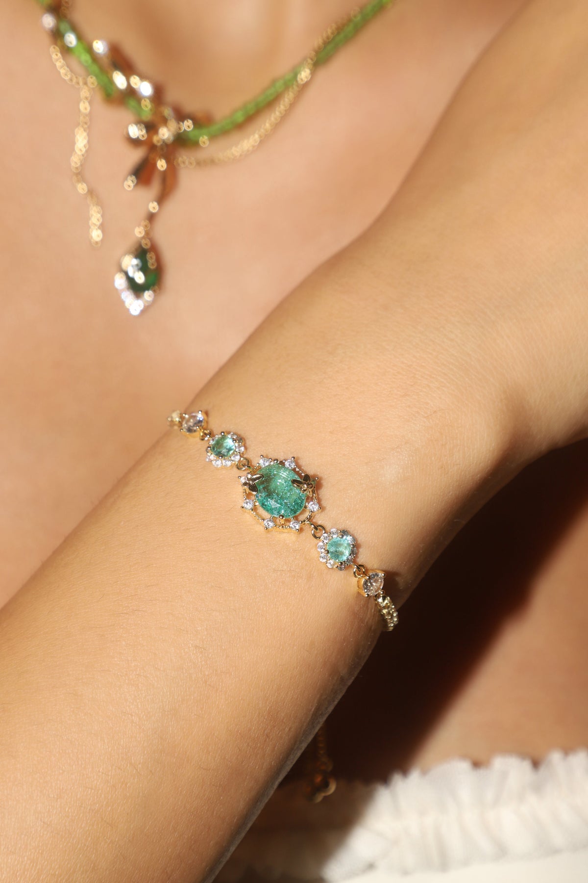 14K Real Gold Plated Green Gem Butterfly Bracelet
