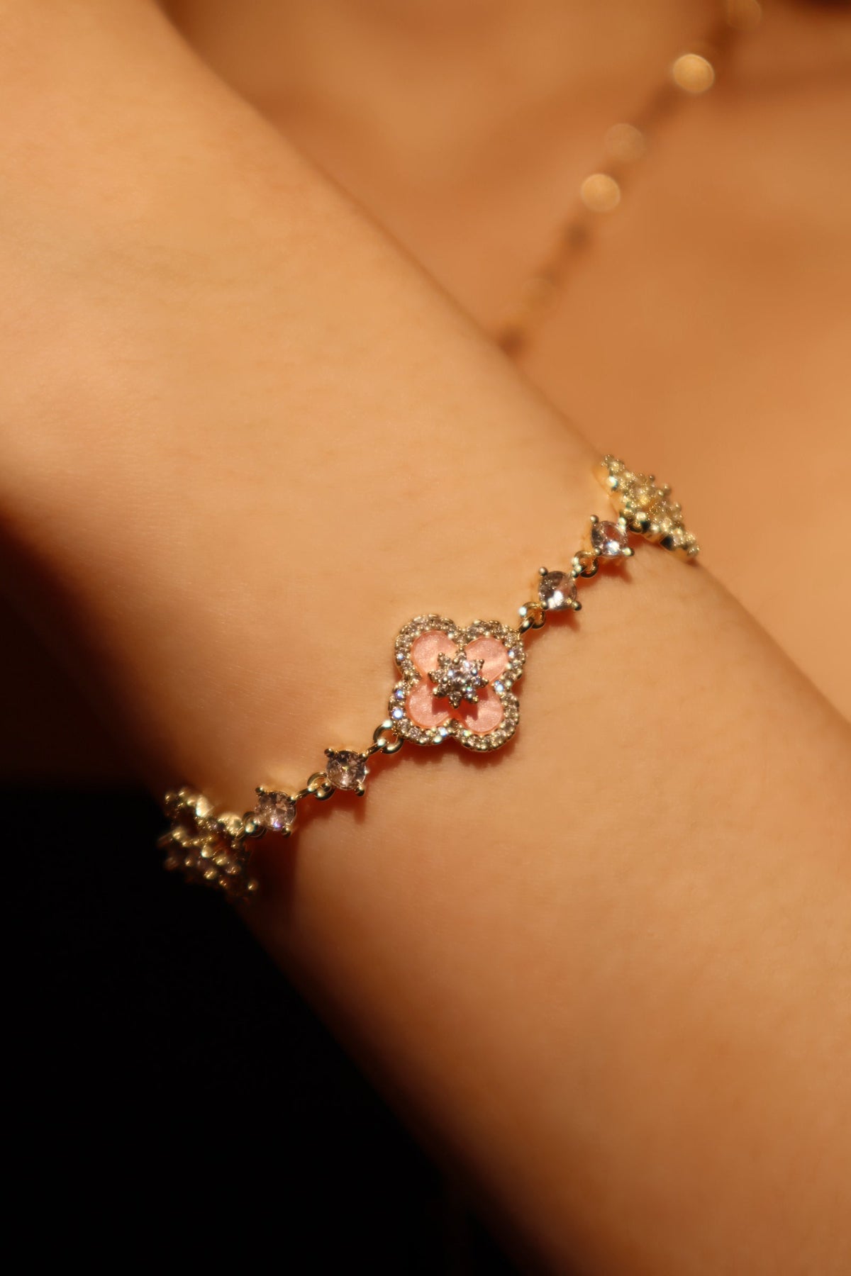 14K Real Gold Plated Pink Lucky Leaf Bracelet