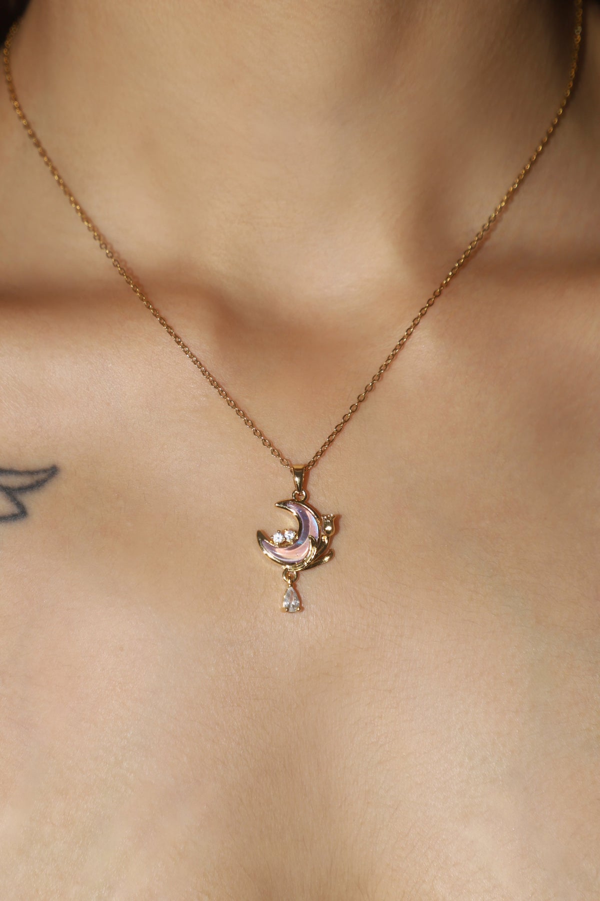 18K Real Gold Plated Purple Rose Moon Necklace