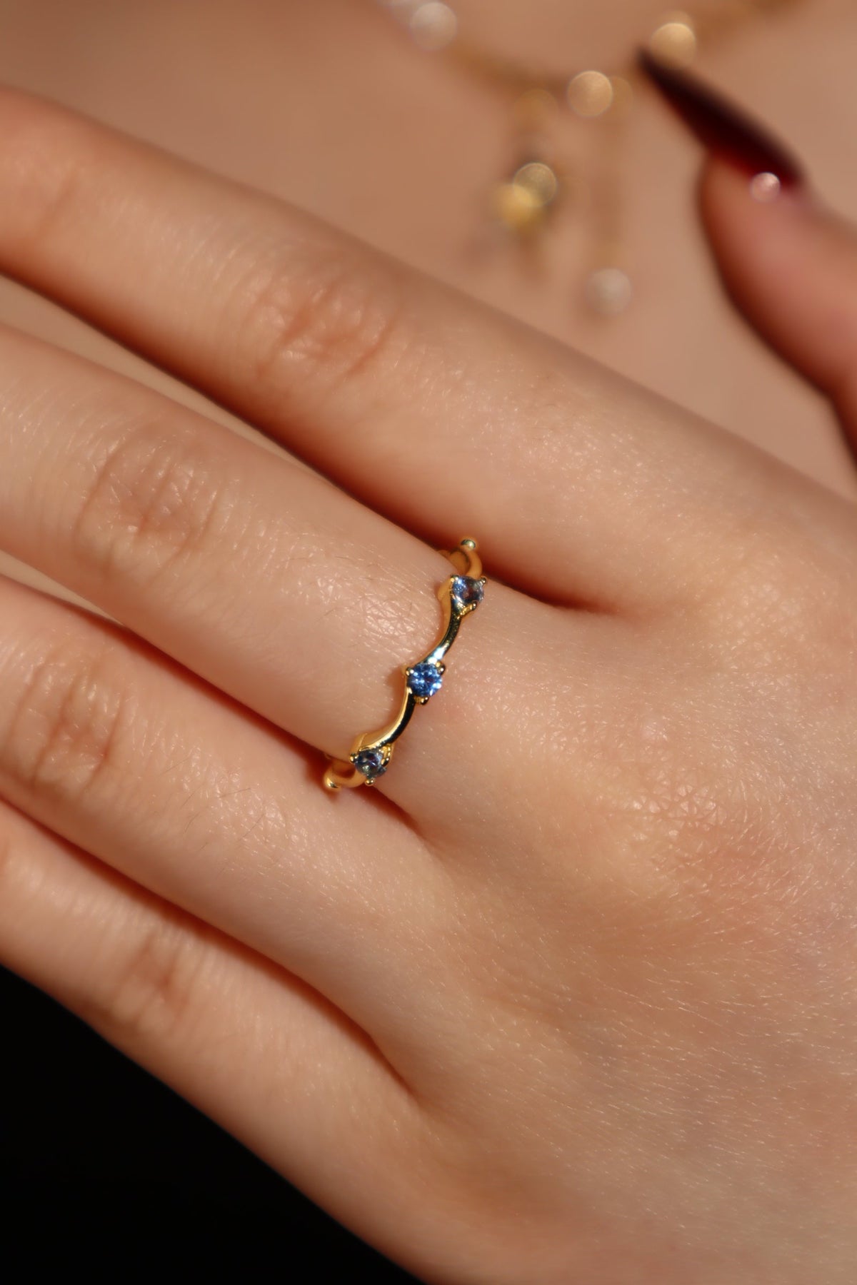 Gold Plated Blue Gem Wave Ring