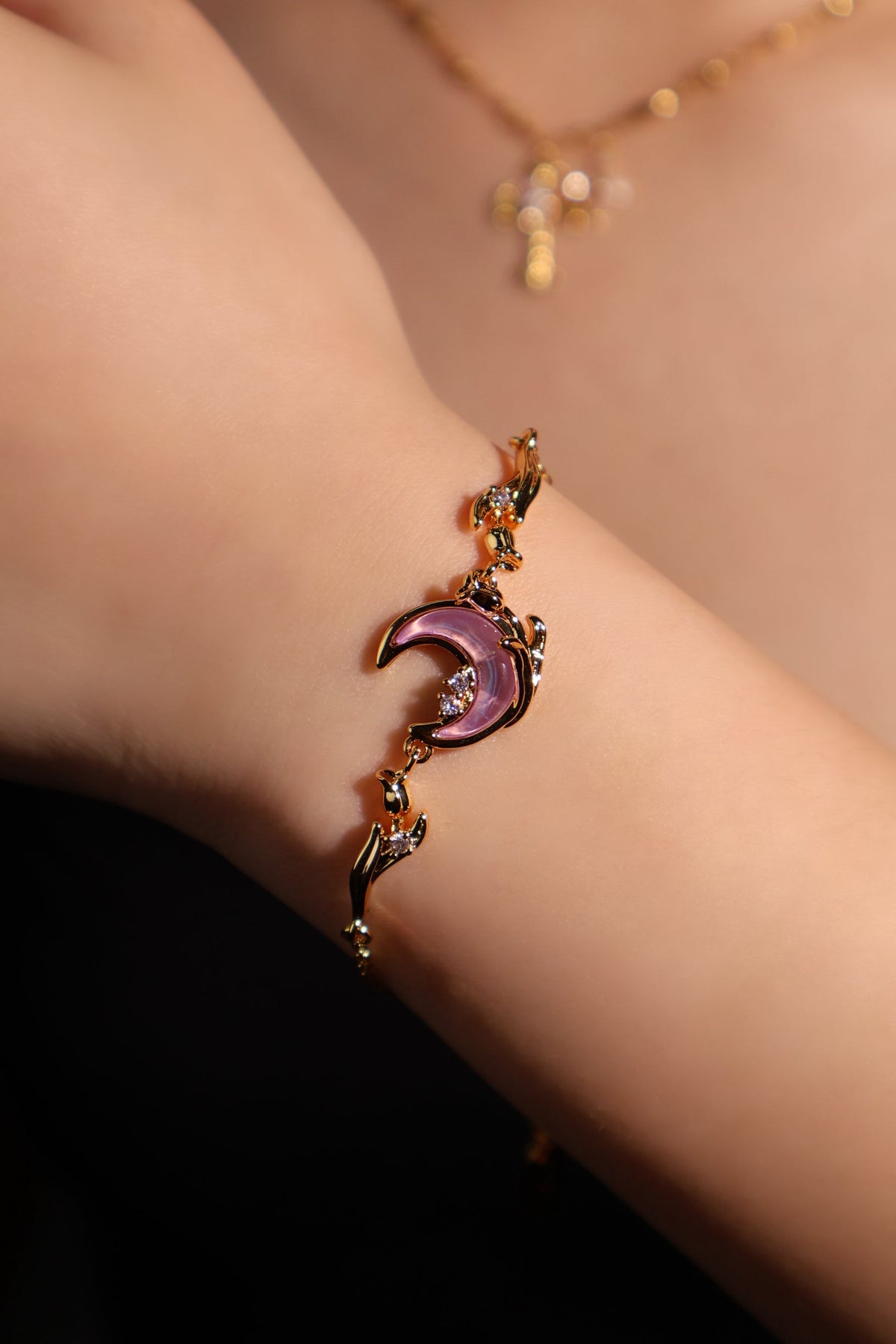 18K Real Gold Plated Sparkle Rose Moon Bracelet