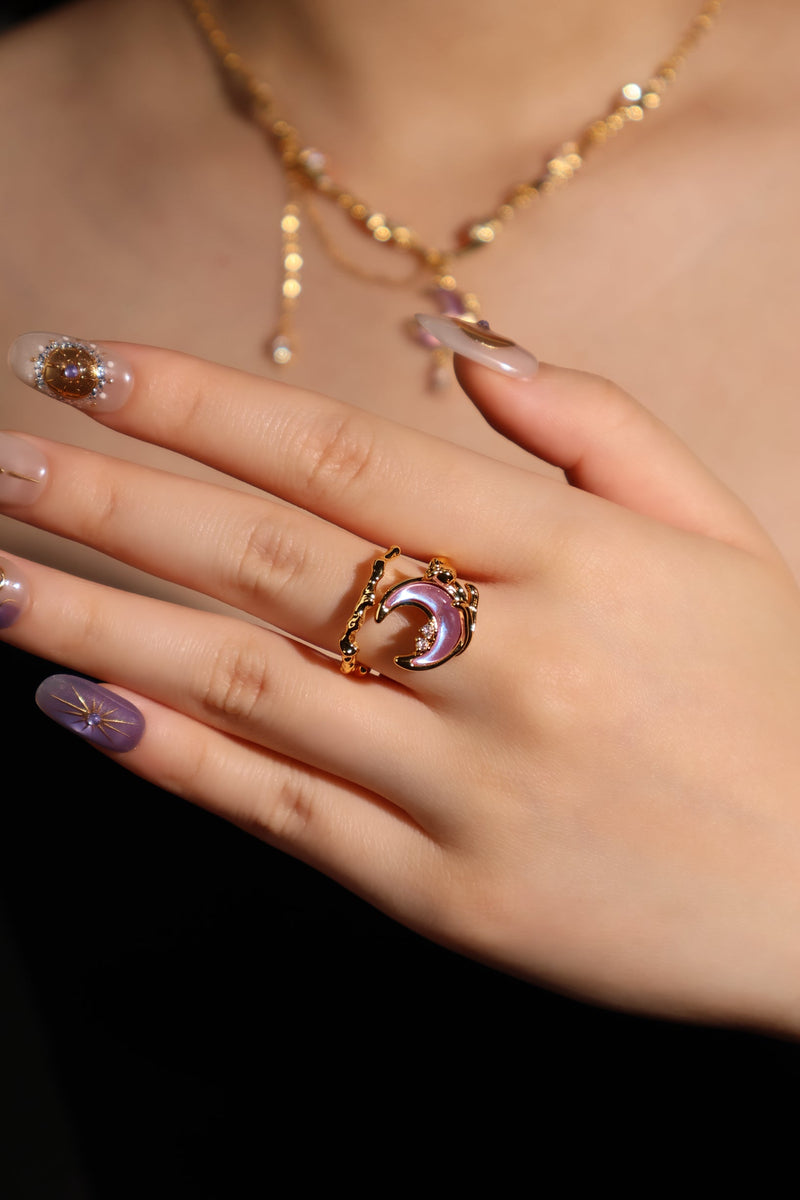 18K Real Gold Plated Sparkle Rose Moon Ring