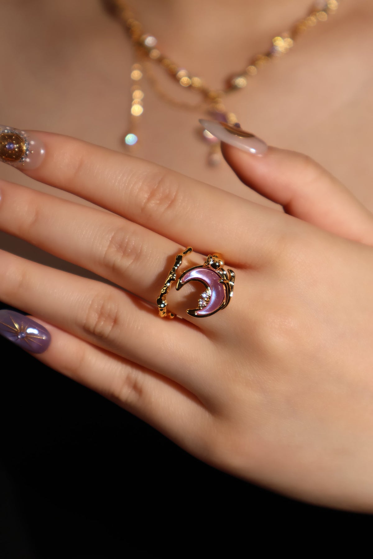 18K Real Gold Plated Sparkle Rose Moon Ring