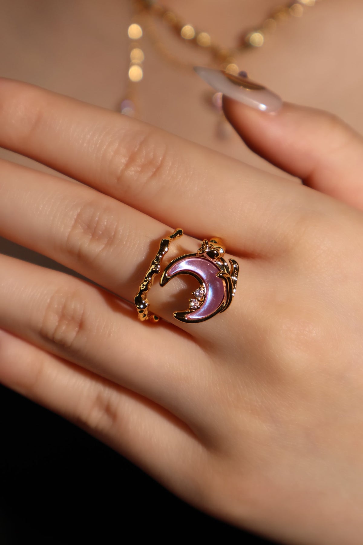 18K Real Gold Plated Sparkle Rose Moon Ring