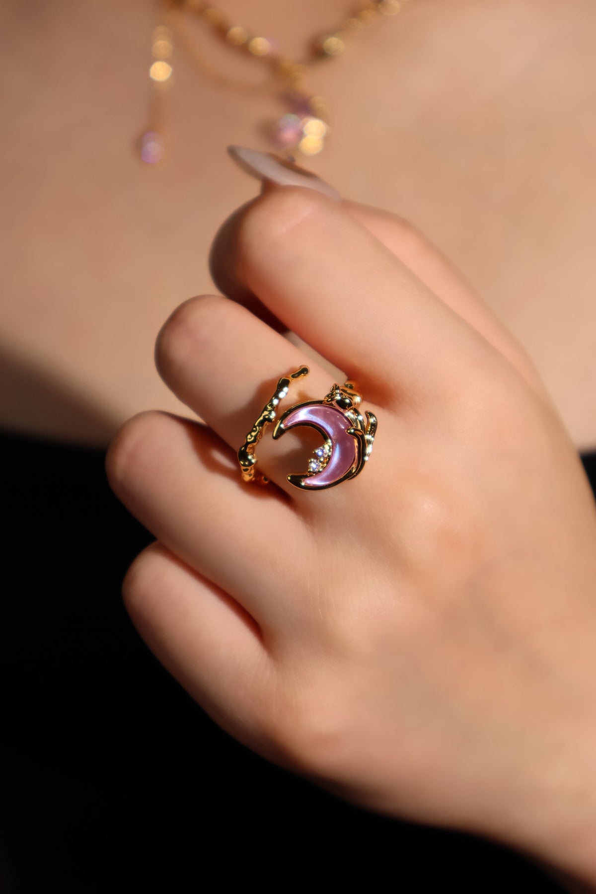 18K Real Gold Plated Sparkle Rose Moon Ring