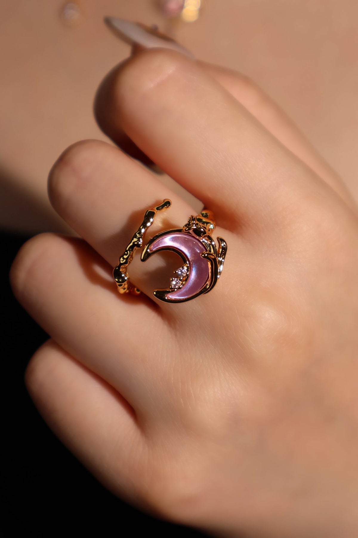 18K Real Gold Plated Sparkle Rose Moon Ring