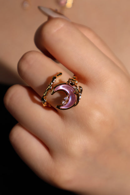 18K Real Gold Plated Sparkle Rose Moon Ring