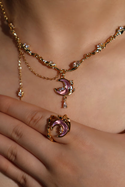 18K Real Gold Plated Sparkle Rose Moon Ring