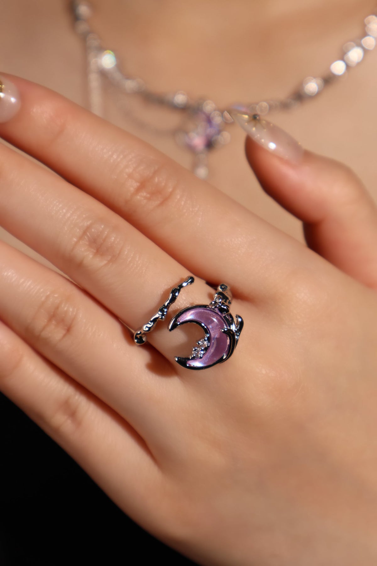 Palladium White Gold Plated Sparkle Rose Moon Ring