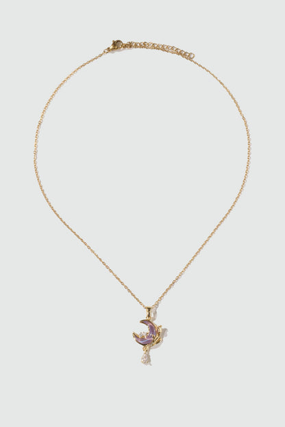 18K Real Gold Plated Purple Rose Moon Necklace