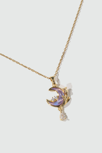 18K Real Gold Plated Purple Rose Moon Necklace