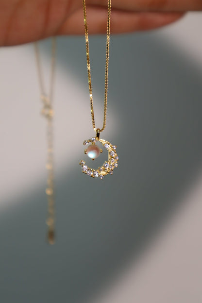 18K Real Gold Plated Moonstone Moon Necklace