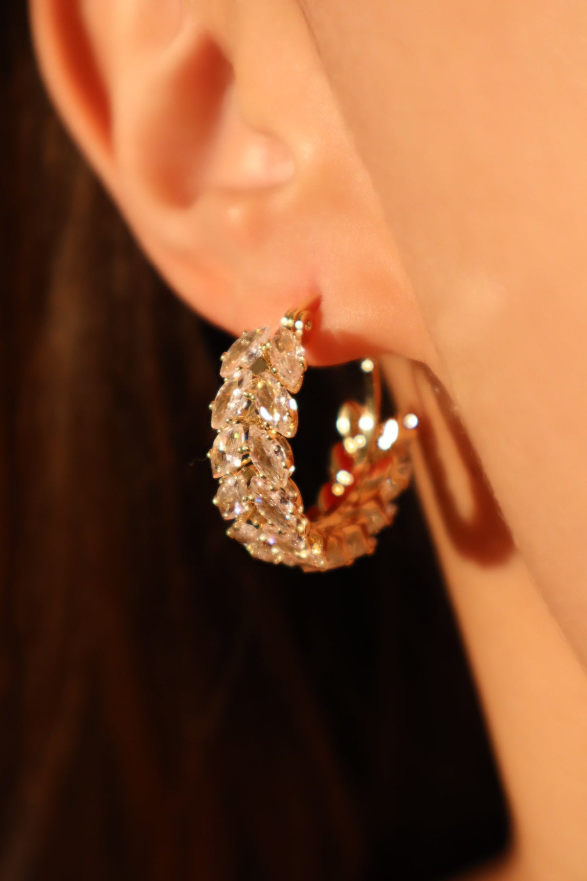 14K Real Gold Plated Diamond Leaf Hoop Earrings