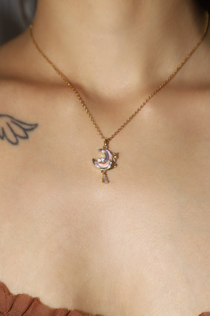 18K Real Gold Plated Purple Rose Moon Necklace