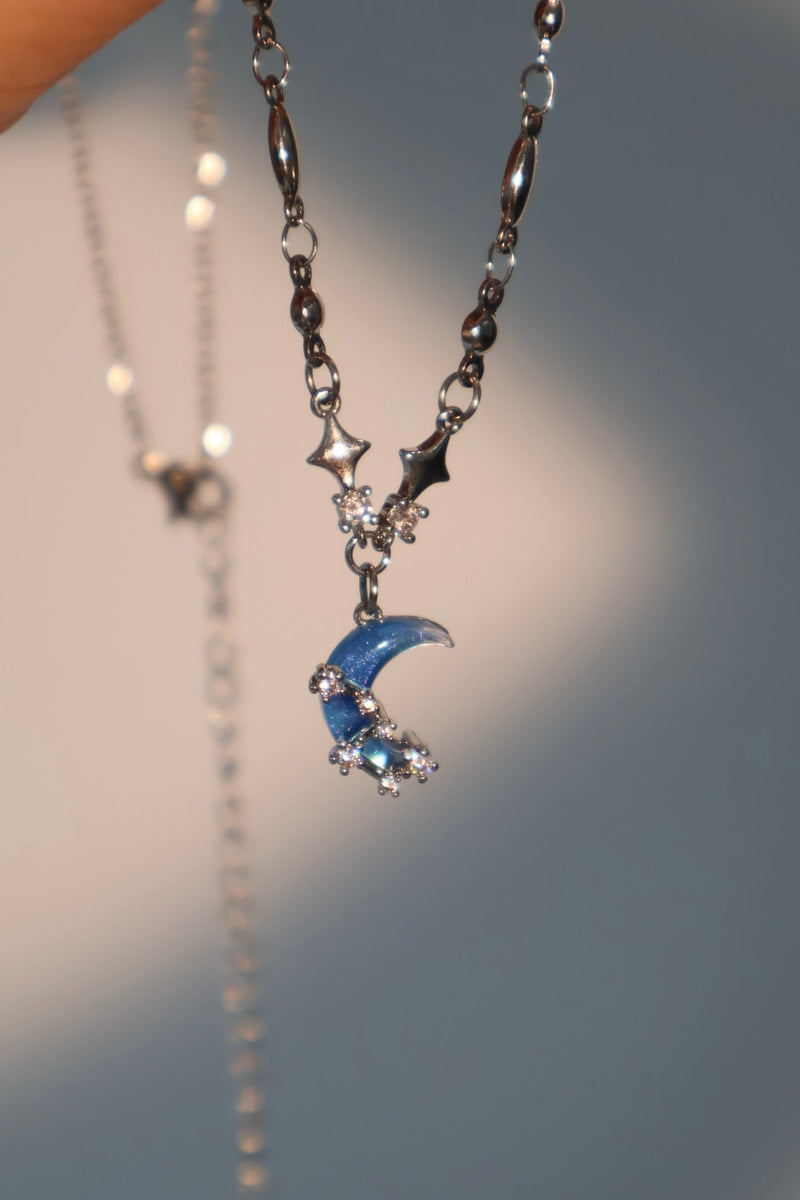 Palladium White Gold Plated Moonstone Moon Star Necklace