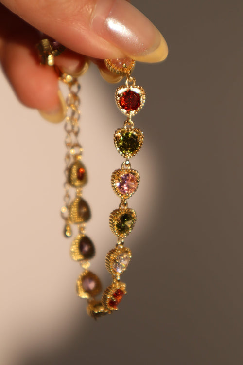 14K Real Gold Plated Multi Heart Color Gemstones Bracelet