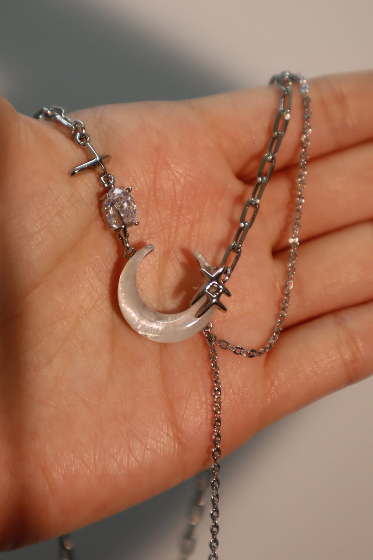 Palladium White Gold Plated Moon Star Chain Necklace