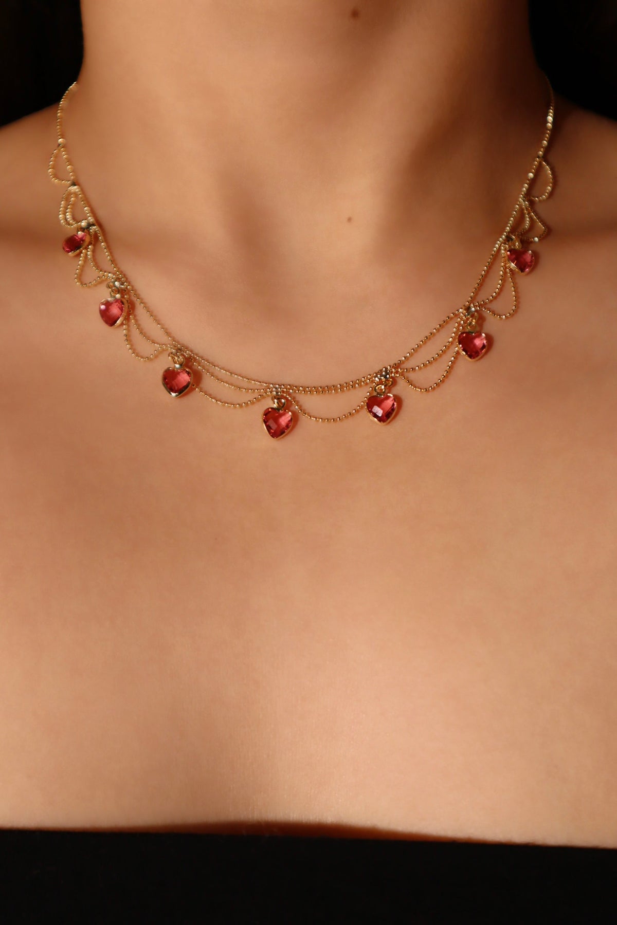 14K Real Gold Plated Double Layer Pink Heart Necklace