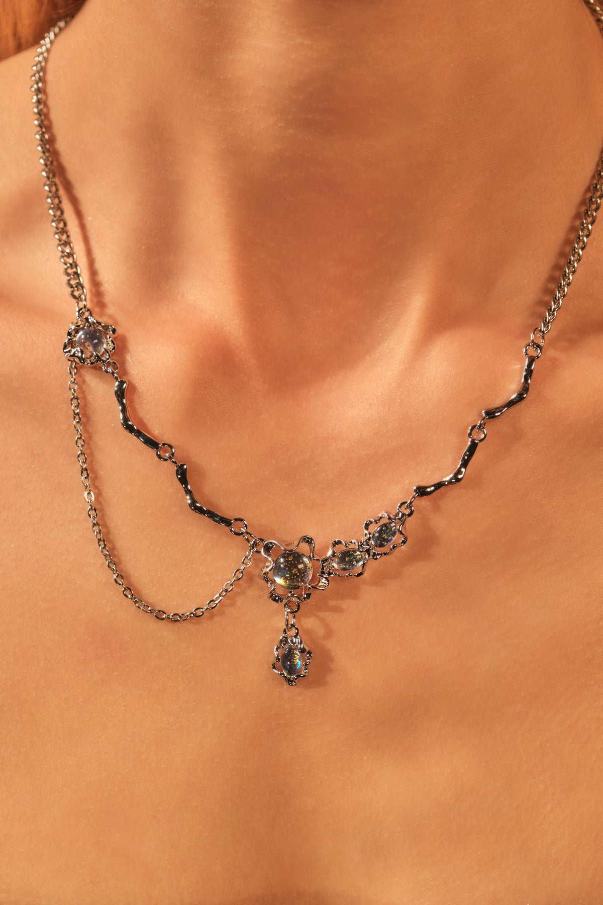 Palladium White Gold Plated Moonstone Dangle Necklace