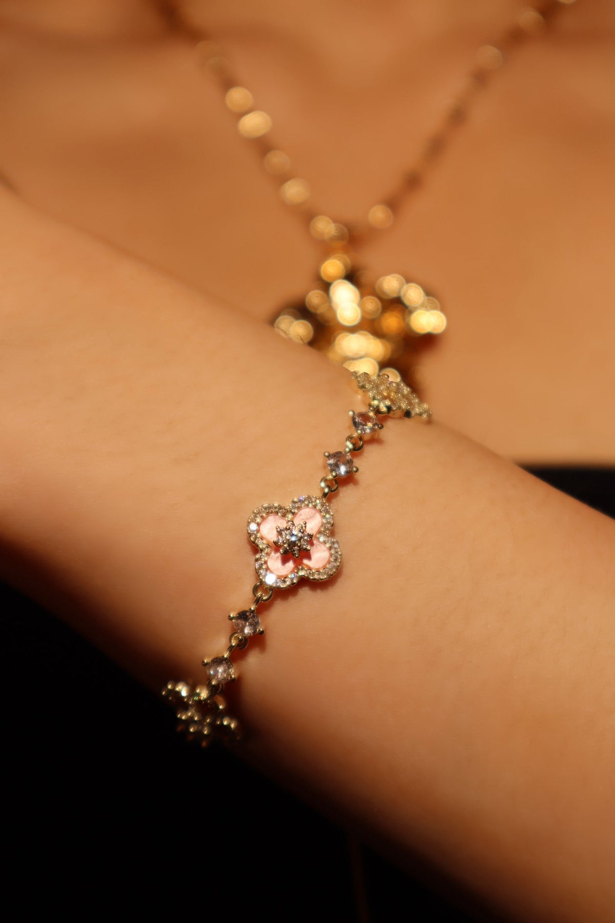 14K Real Gold Plated Pink Lucky Leaf Bracelet