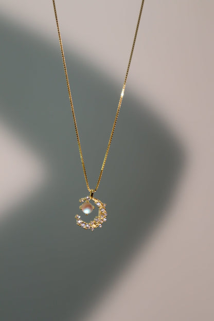 18K Real Gold Plated Moonstone Moon Necklace