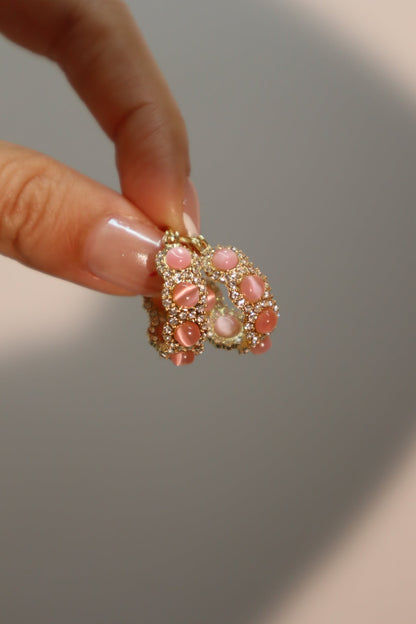 14K Real Gold Plated Pink Opal Hoop Earrings