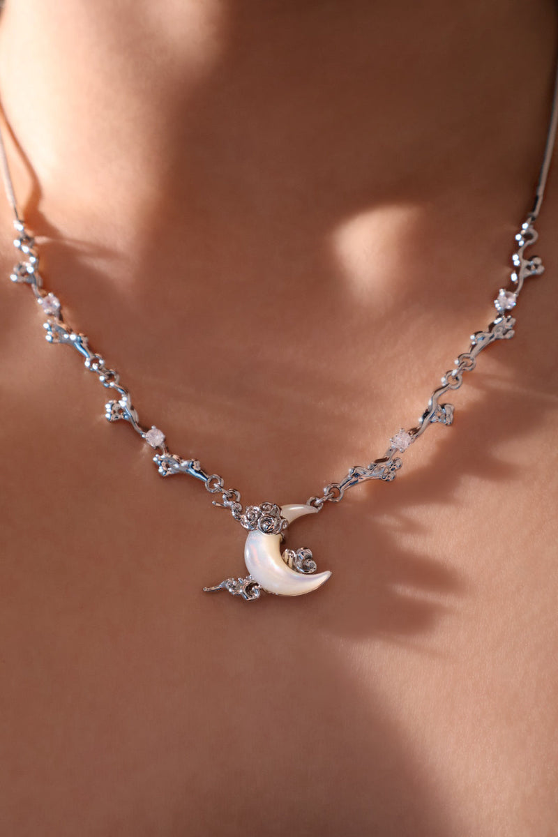 Palladium White Gold Plated Diamonds Natural Shell Moon Necklace
