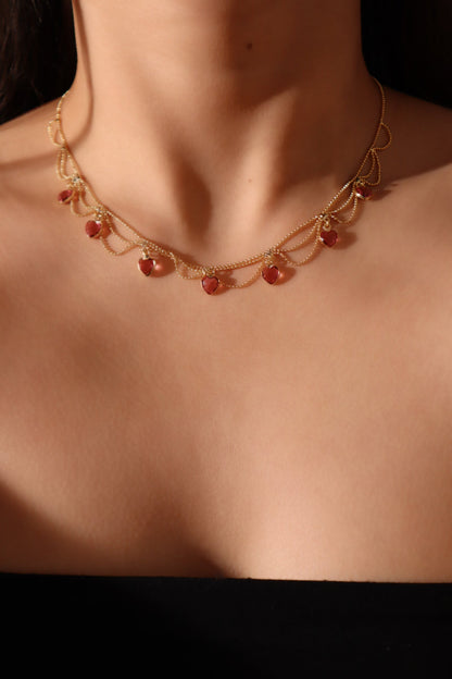 14K Real Gold Plated Double Layer Pink Heart Necklace