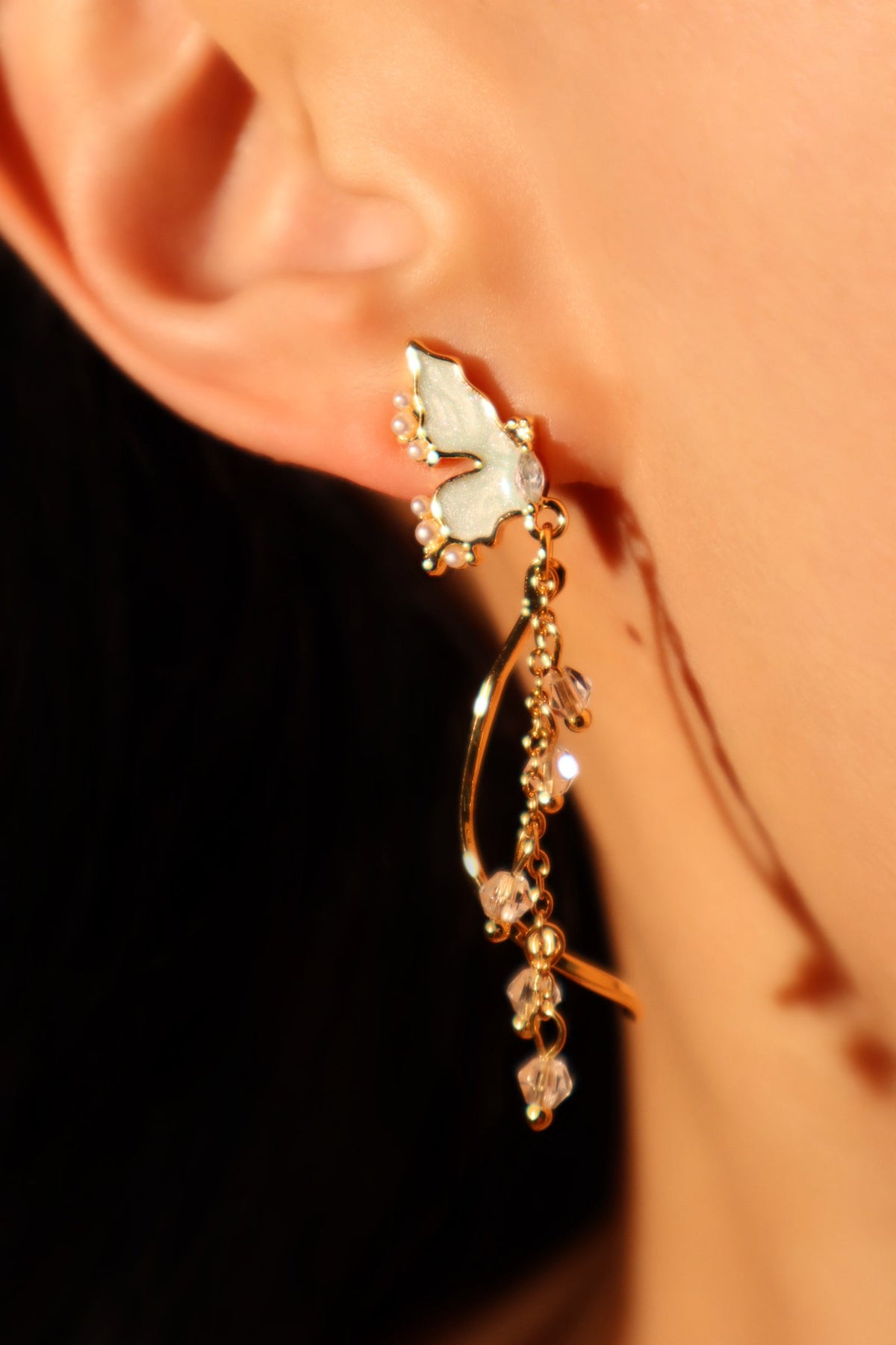 18K Real Gold Plated Butterfly Pearls Dangle Earrings