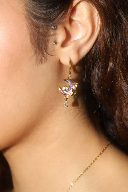 18K Real Gold Plated Purple Rose Moon Earrings