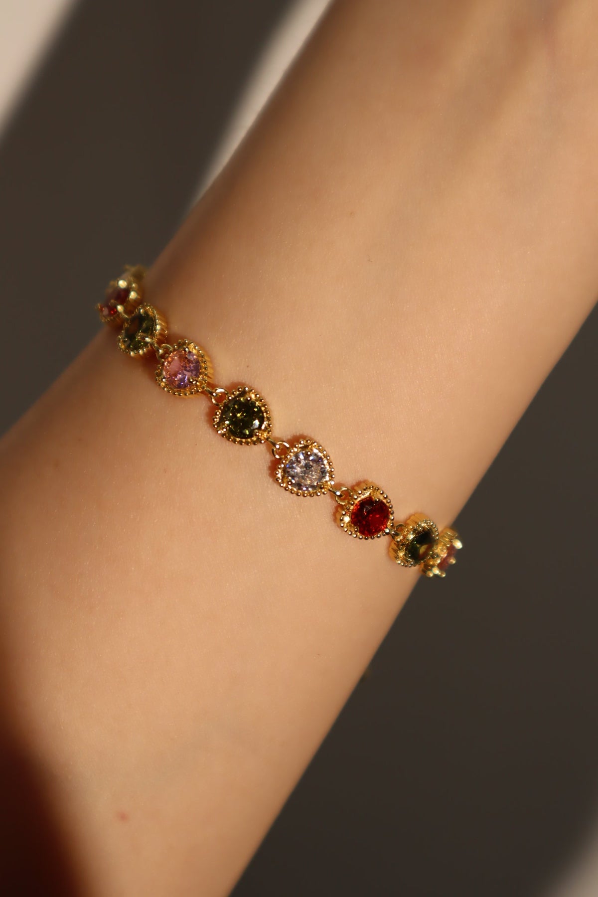 14K Real Gold Plated Multi Heart Color Gemstones Bracelet