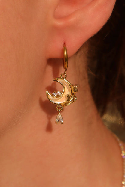 18K Real Gold Plated White Rose Moon Earrings