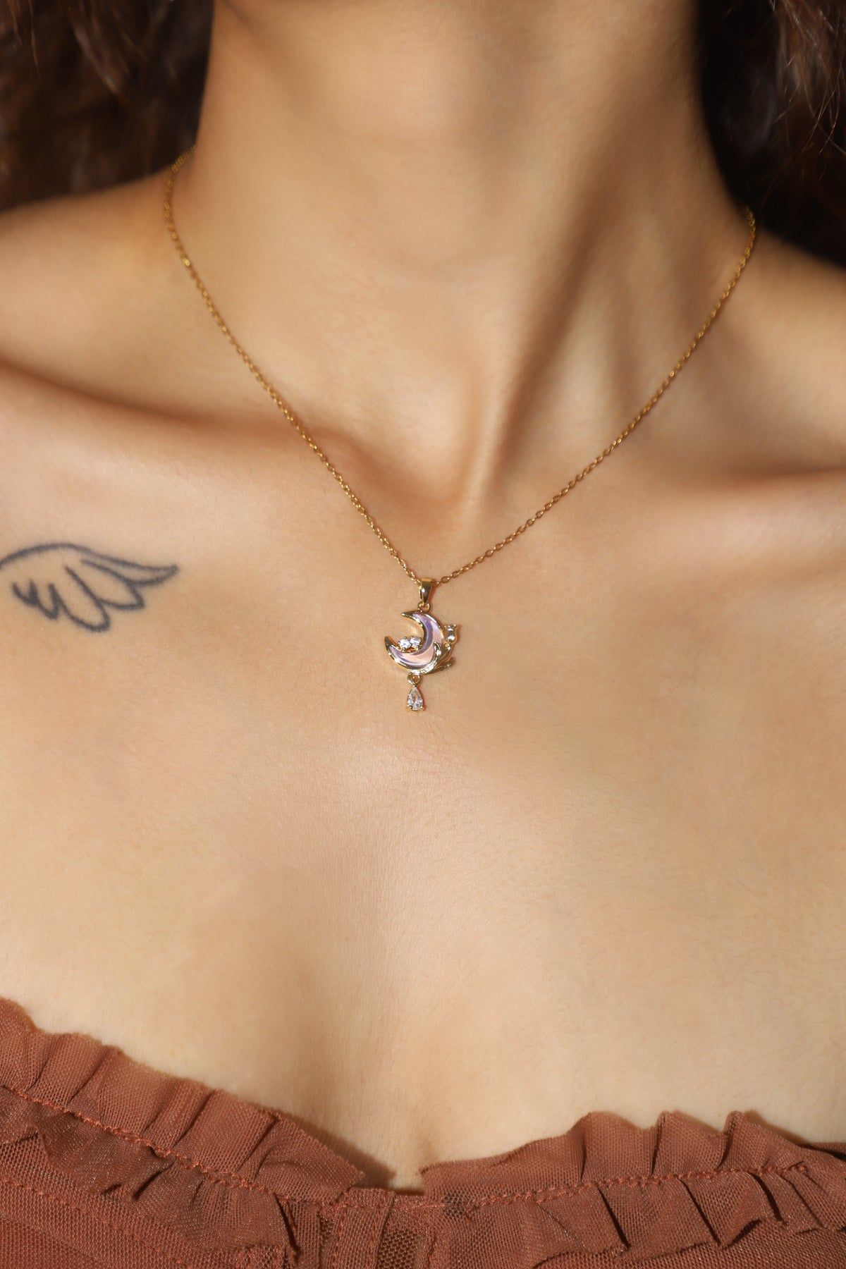 18K Real Gold Plated Purple Rose Moon Necklace