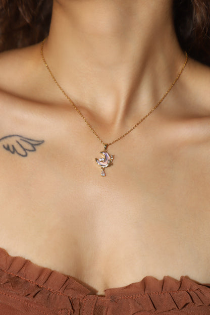 18K Real Gold Plated Purple Rose Moon Necklace