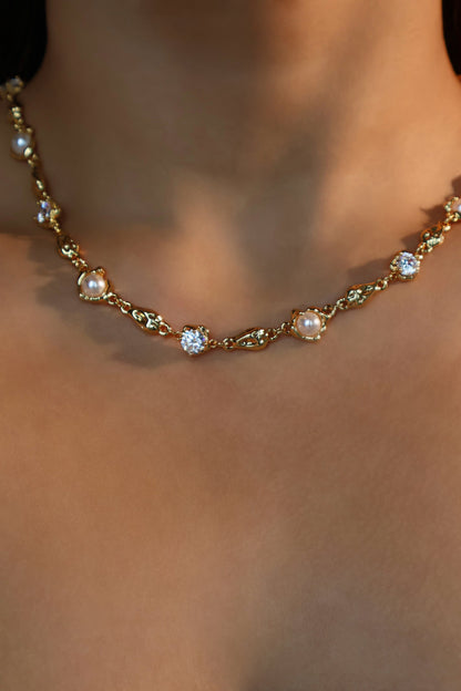 18K Real Gold Plated Multi Diamond Pearl Necklace