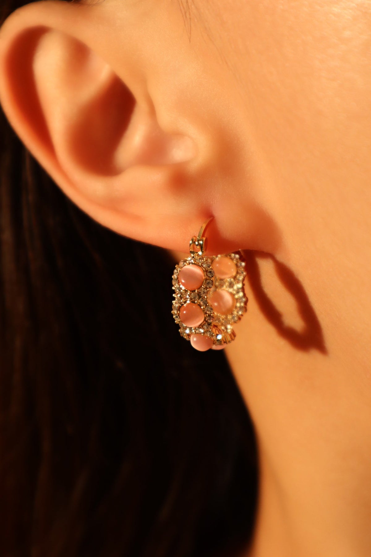 14K Real Gold Plated Pink Opal Hoop Earrings