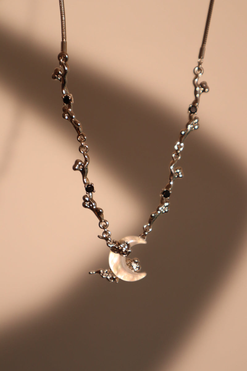 Palladium White Gold Plated Black Gem Natural Shell Moon Necklace