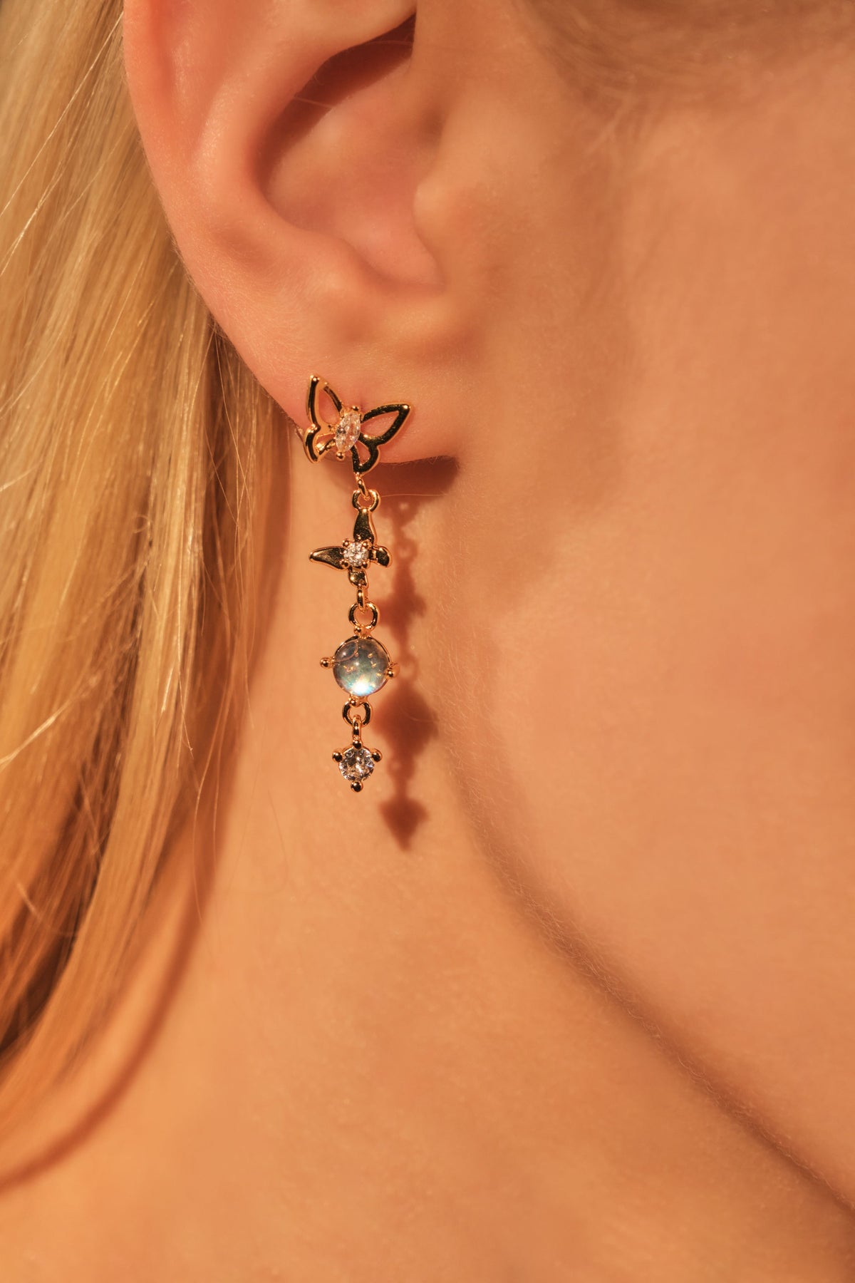 18K Real Gold Plated Butterfly Moonstone Dangle Earrings