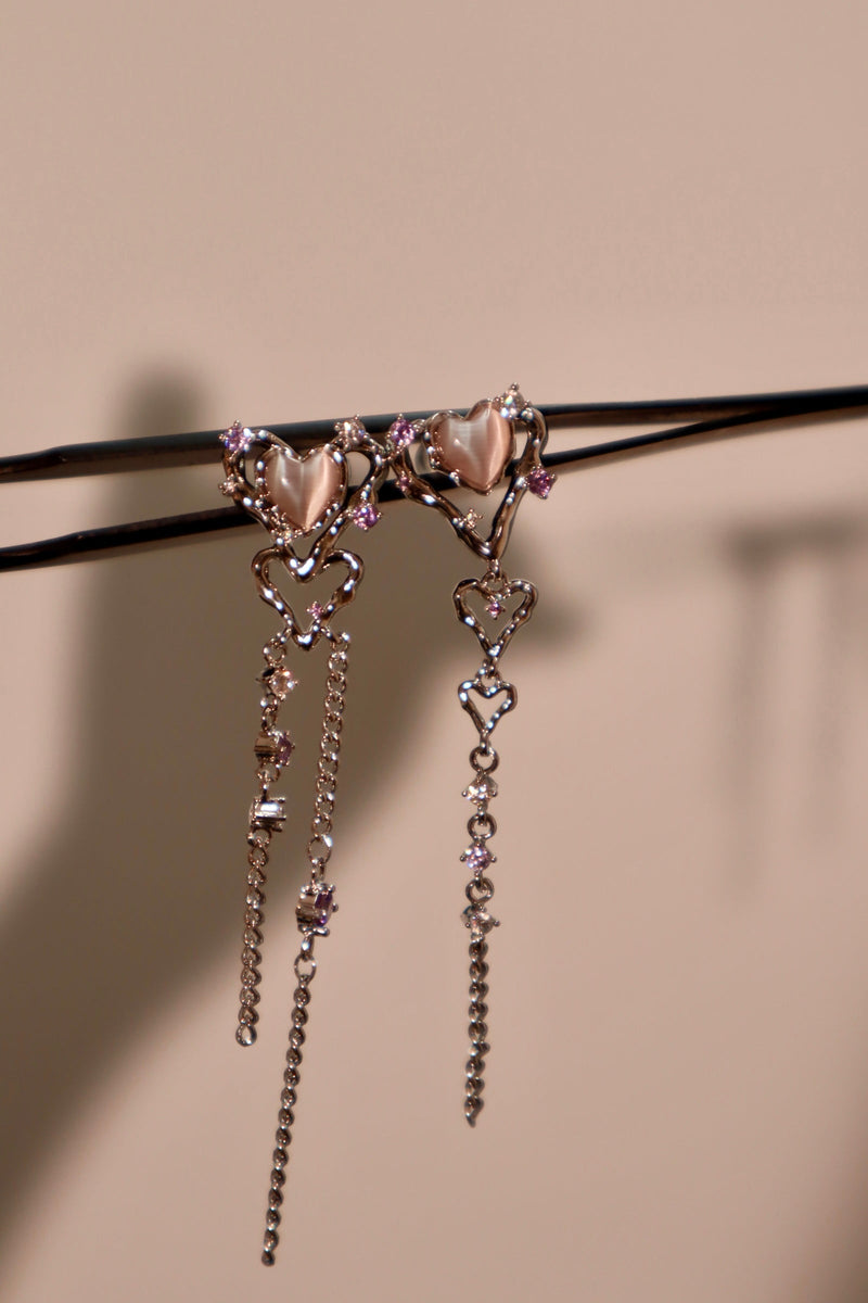 Palladium White Gold Plated Pink Opal Heart Dangle Earrings