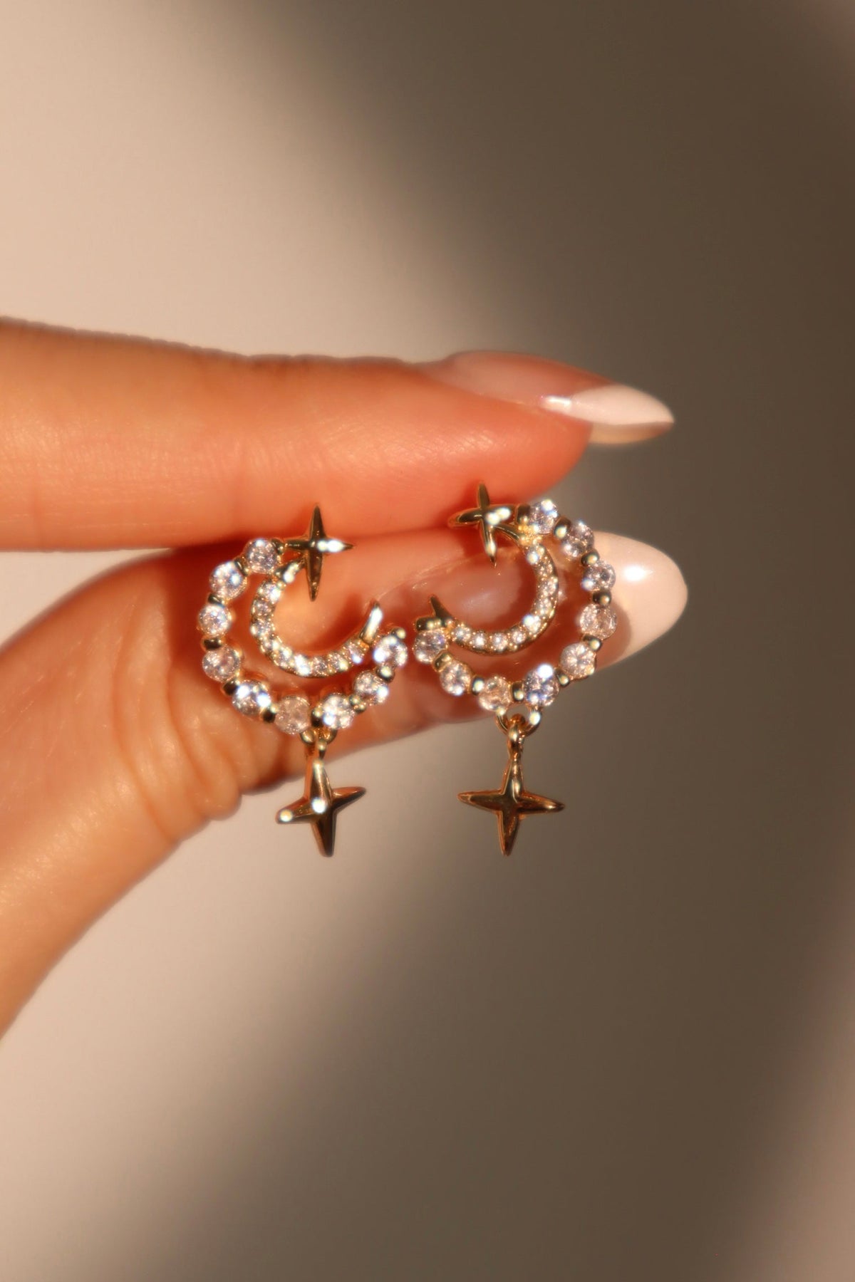 18K Real Gold Plated Diamonds Moon Star Earrings