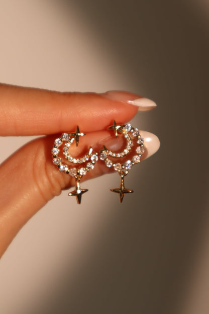 18K Real Gold Plated Diamonds Moon Star Earrings