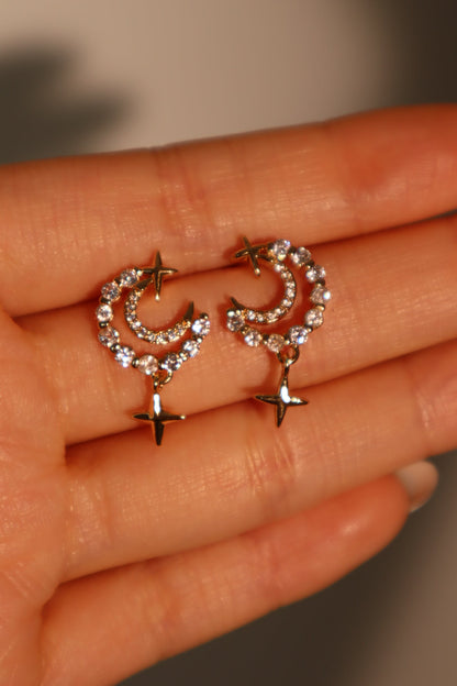 18K Real Gold Plated Diamonds Moon Star Earrings