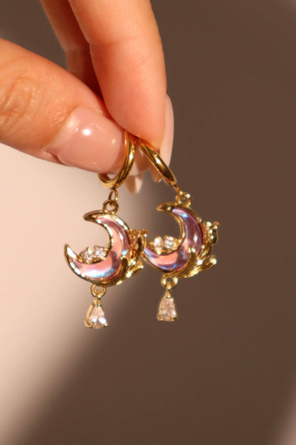 18K Real Gold Plated Purple Rose Moon Earrings